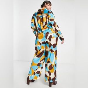 ASOS x Neons Rose Plus Wide Leg Satin shirt in 70s Retro Print